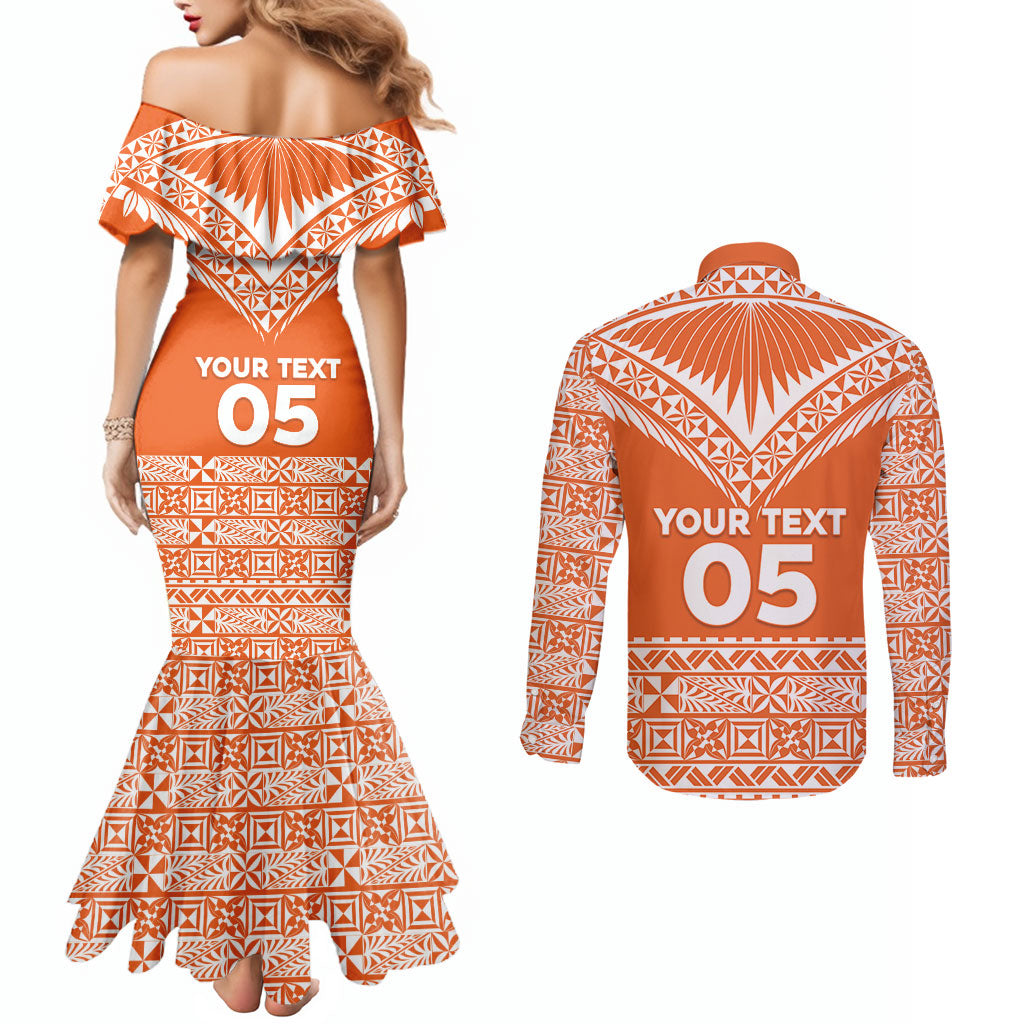 Personalised Tonga Tailulu College Couples Matching Mermaid Dress and Long Sleeve Button Shirt Tongan Kupesi Pattern