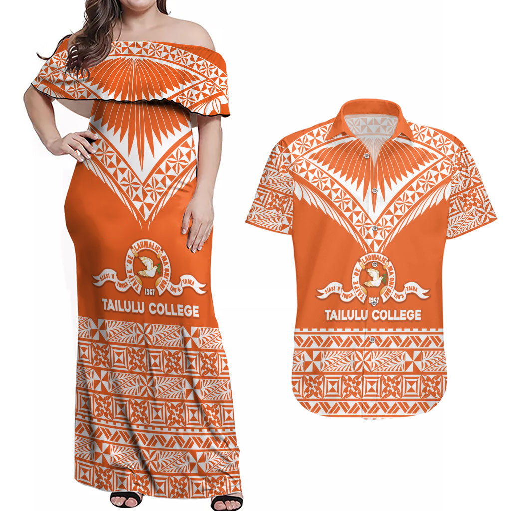 Personalised Tonga Tailulu College Couples Matching Off Shoulder Maxi Dress and Hawaiian Shirt Tongan Kupesi Pattern
