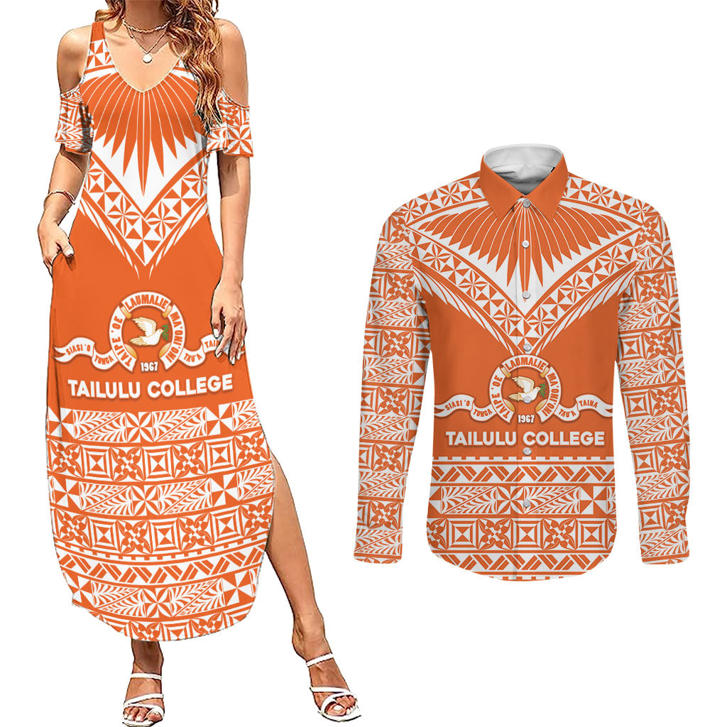 Personalised Tonga Tailulu College Couples Matching Summer Maxi Dress and Long Sleeve Button Shirt Tongan Kupesi Pattern