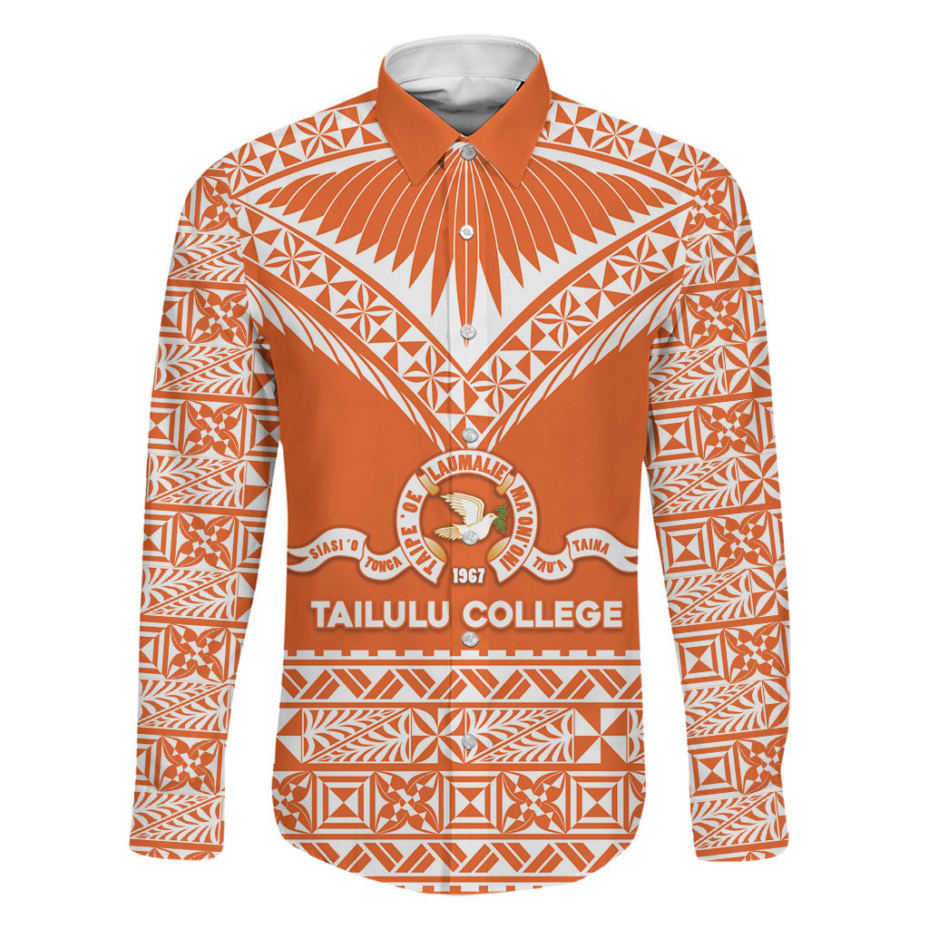 Personalised Tonga Tailulu College Family Matching Mermaid Dress and Hawaiian Shirt Tongan Kupesi Pattern LT05 Dad's Shirt - Long Sleeve Orange - Polynesian Pride