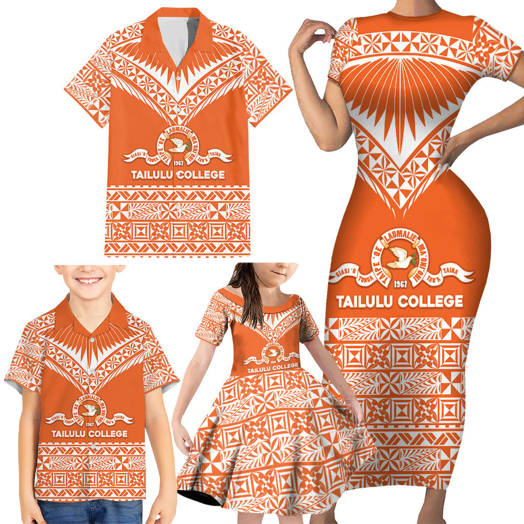 Personalised Tonga Tailulu College Family Matching Short Sleeve Bodycon Dress and Hawaiian Shirt Tongan Kupesi Pattern