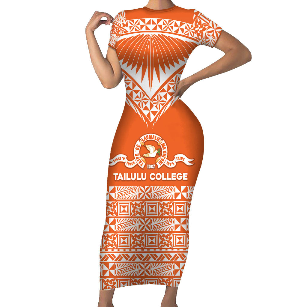 Personalised Tonga Tailulu College Family Matching Short Sleeve Bodycon Dress and Hawaiian Shirt Tongan Kupesi Pattern LT05 Mom's Dress Orange - Polynesian Pride