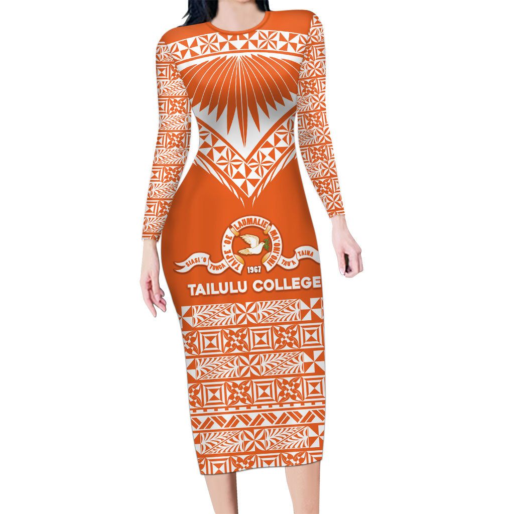 Personalised Tonga Tailulu College Long Sleeve Bodycon Dress Tongan Kupesi Pattern