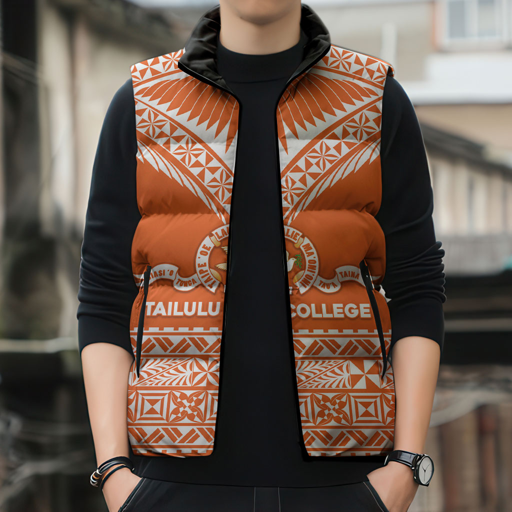 Personalised Tonga Tailulu College Sleeveless Puffer Jacket Tongan Kupesi Pattern