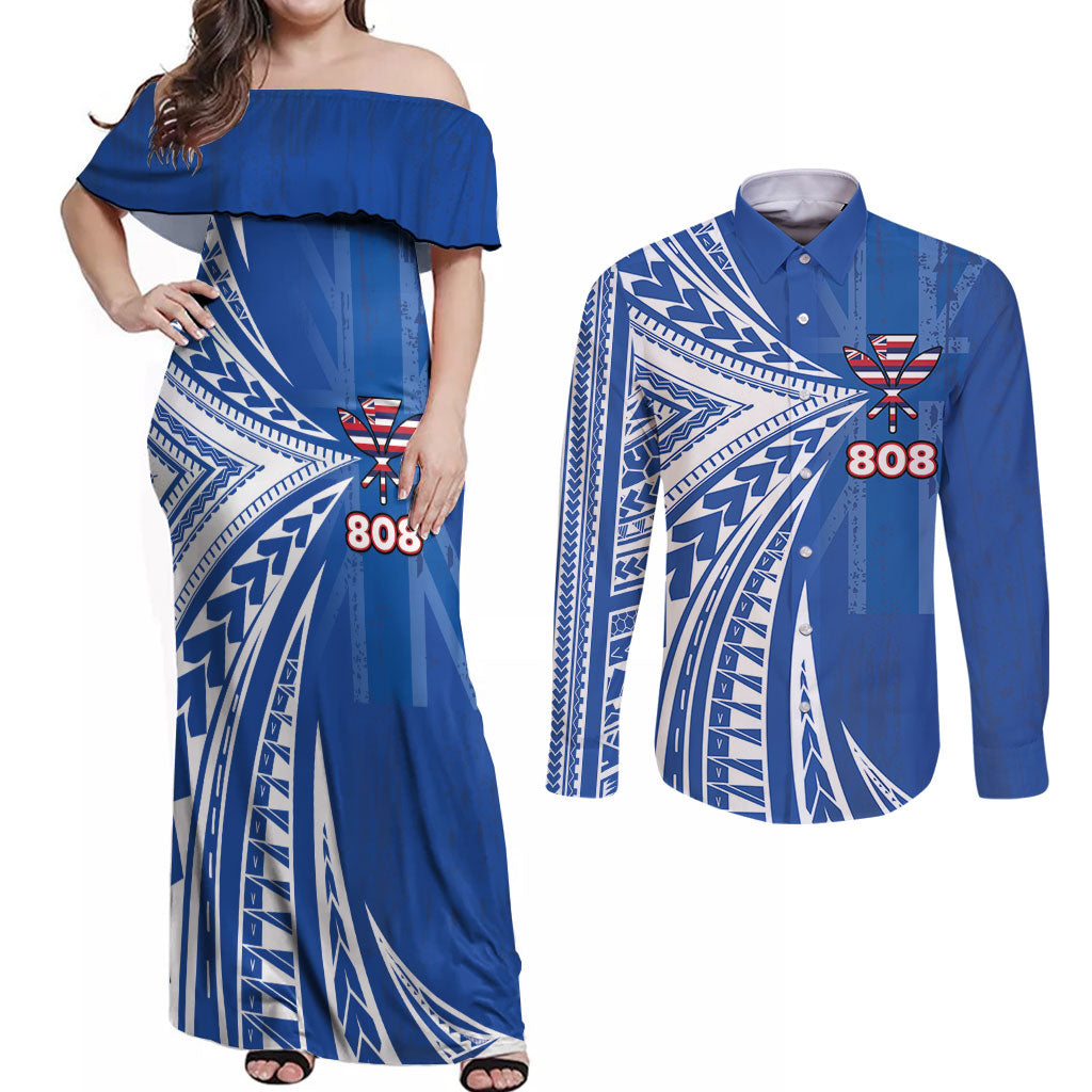 Personalised Hawaii 808 Couples Matching Off Shoulder Maxi Dress and Long Sleeve Button Shirt Unique Style