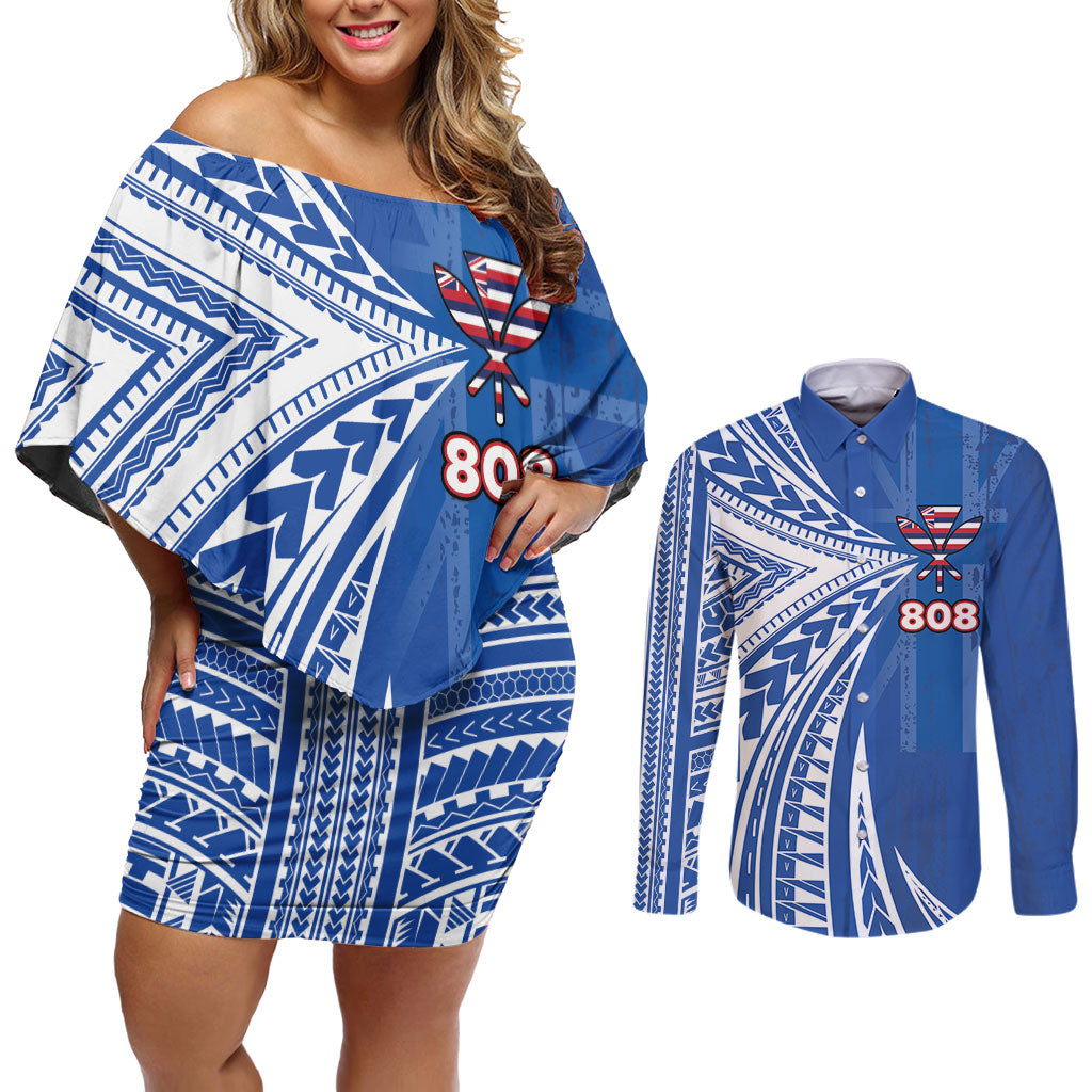Personalised Hawaii 808 Couples Matching Off Shoulder Short Dress and Long Sleeve Button Shirt Unique Style