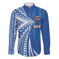 Personalised Hawaii 808 Family Matching Off Shoulder Short Dress and Hawaiian Shirt Unique Style LT05 Dad's Shirt - Long Sleeve Blue - Polynesian Pride
