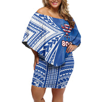 Personalised Hawaii 808 Family Matching Off Shoulder Short Dress and Hawaiian Shirt Unique Style LT05 Mom's Dress Blue - Polynesian Pride