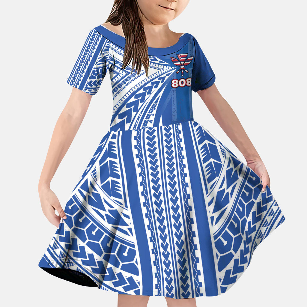 Personalised Hawaii 808 Family Matching Tank Maxi Dress and Hawaiian Shirt Unique Style LT05 Daughter's Dress Blue - Polynesian Pride