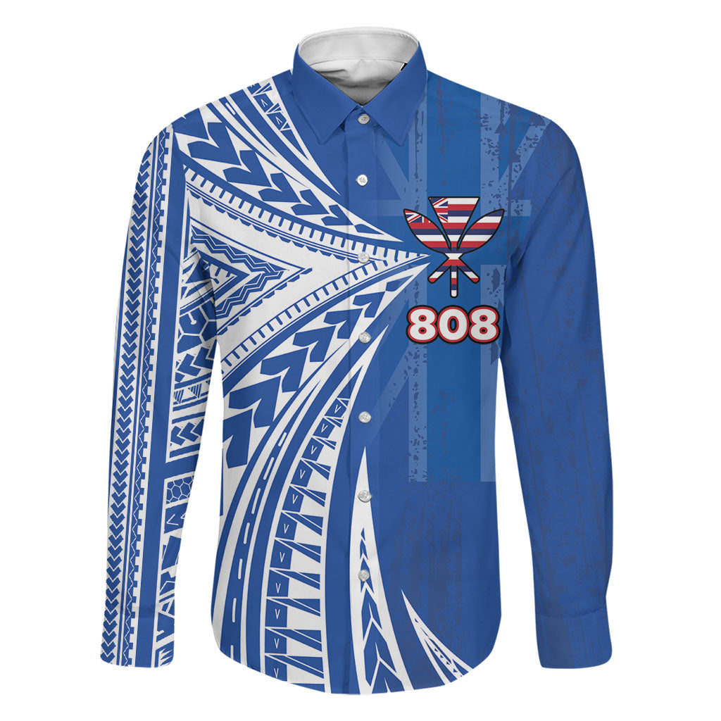 Personalised Hawaii 808 Family Matching Tank Maxi Dress and Hawaiian Shirt Unique Style LT05 Dad's Shirt - Long Sleeve Blue - Polynesian Pride