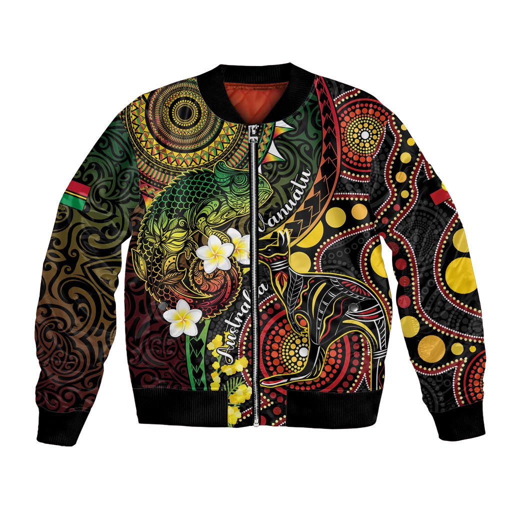 Vanuatu And Australia Aboriginal Bomber Jacket Iguana And Kangaroo Together LT05 Unisex Black - Polynesian Pride
