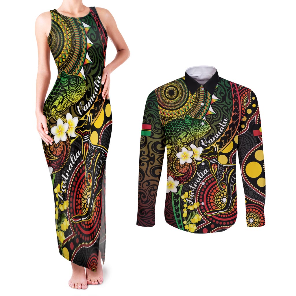 Vanuatu And Australia Aboriginal Couples Matching Tank Maxi Dress and Long Sleeve Button Shirt Iguana And Kangaroo Together LT05 Black - Polynesian Pride