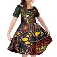Vanuatu And Australia Aboriginal Family Matching Long Sleeve Bodycon Dress and Hawaiian Shirt Iguana And Kangaroo Together LT05 Daughter's Dress Black - Polynesian Pride