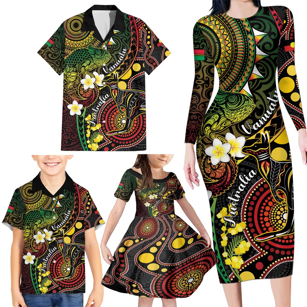Vanuatu And Australia Aboriginal Family Matching Long Sleeve Bodycon Dress and Hawaiian Shirt Iguana And Kangaroo Together LT05 - Polynesian Pride