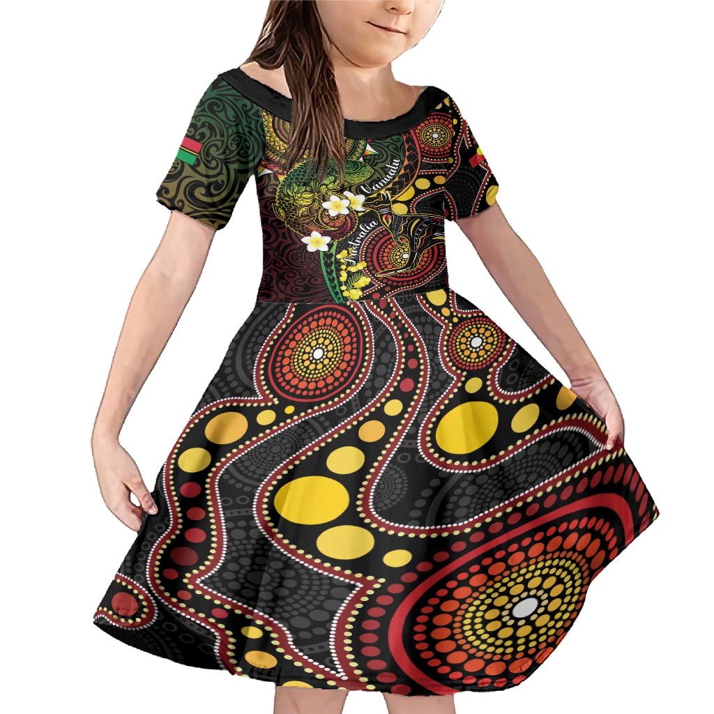 Vanuatu And Australia Aboriginal Family Matching Mermaid Dress and Hawaiian Shirt Iguana And Kangaroo Together LT05 Daughter's Dress Black - Polynesian Pride