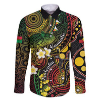 Vanuatu And Australia Aboriginal Family Matching Mermaid Dress and Hawaiian Shirt Iguana And Kangaroo Together LT05 Dad's Shirt - Long Sleeve Black - Polynesian Pride