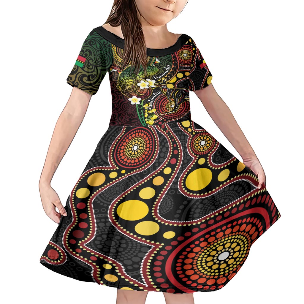 Vanuatu And Australia Aboriginal Family Matching Short Sleeve Bodycon Dress and Hawaiian Shirt Iguana And Kangaroo Together LT05 Daughter's Dress Black - Polynesian Pride