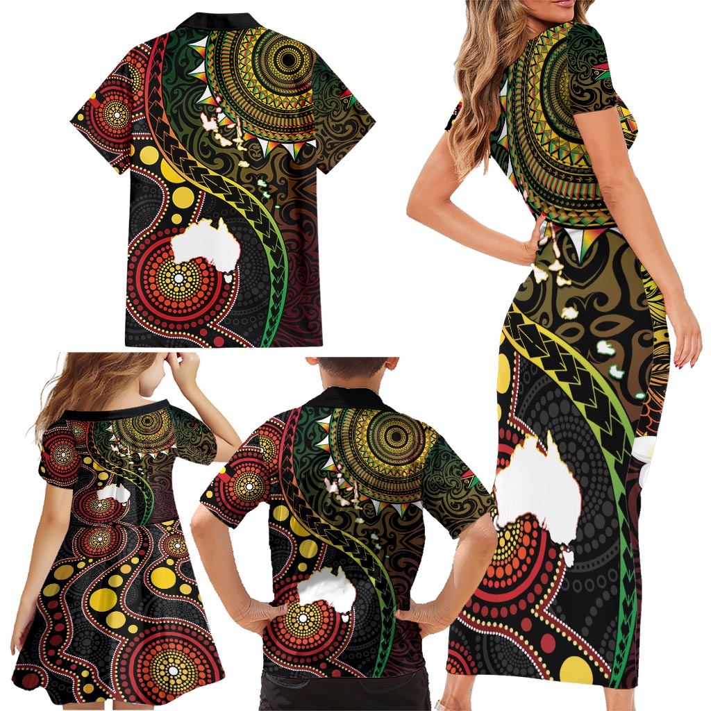 Vanuatu And Australia Aboriginal Family Matching Short Sleeve Bodycon Dress and Hawaiian Shirt Iguana And Kangaroo Together LT05 - Polynesian Pride