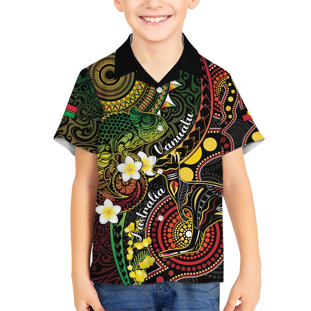Vanuatu And Australia Aboriginal Family Matching Short Sleeve Bodycon Dress and Hawaiian Shirt Iguana And Kangaroo Together LT05 Son's Shirt Black - Polynesian Pride