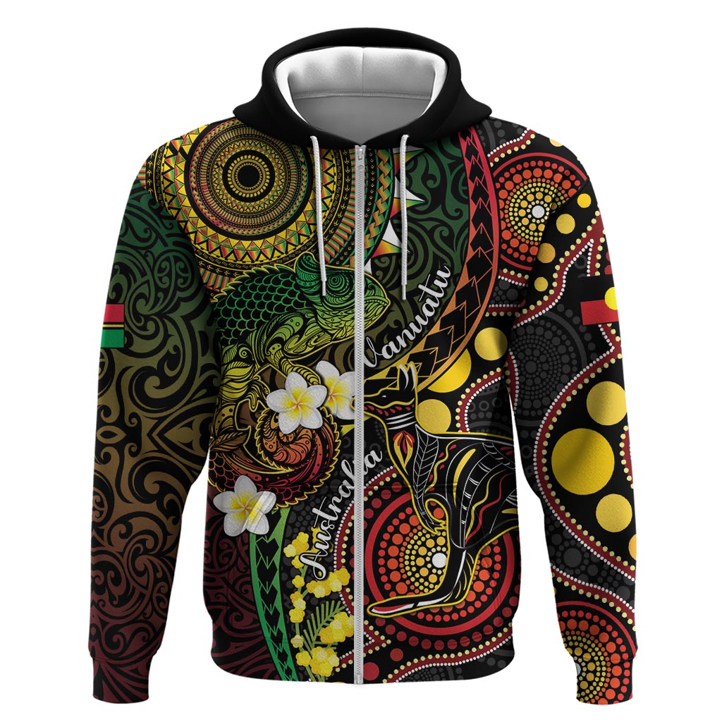 Vanuatu And Australia Aboriginal Hoodie Iguana And Kangaroo Together LT05 Zip Hoodie Black - Polynesian Pride