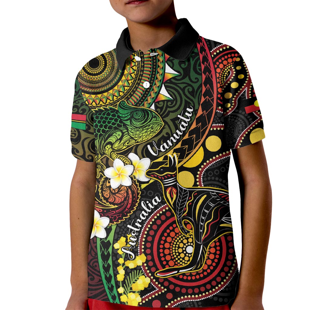 Vanuatu And Australia Aboriginal Kid Polo Shirt Iguana And Kangaroo Together LT05 Kid Black - Polynesian Pride