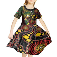 Vanuatu And Australia Aboriginal Kid Short Sleeve Dress Iguana And Kangaroo Together LT05 - Polynesian Pride