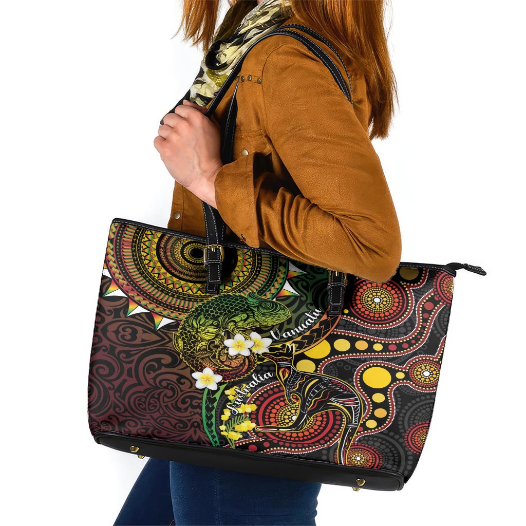 Vanuatu And Australia Aboriginal Leather Tote Bag Iguana And Kangaroo Together LT05 Black - Polynesian Pride