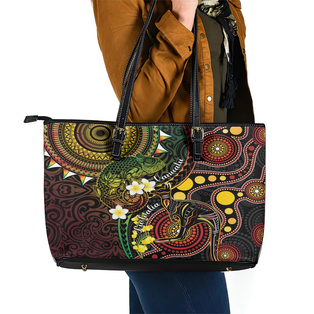 Vanuatu And Australia Aboriginal Leather Tote Bag Iguana And Kangaroo Together LT05 - Polynesian Pride