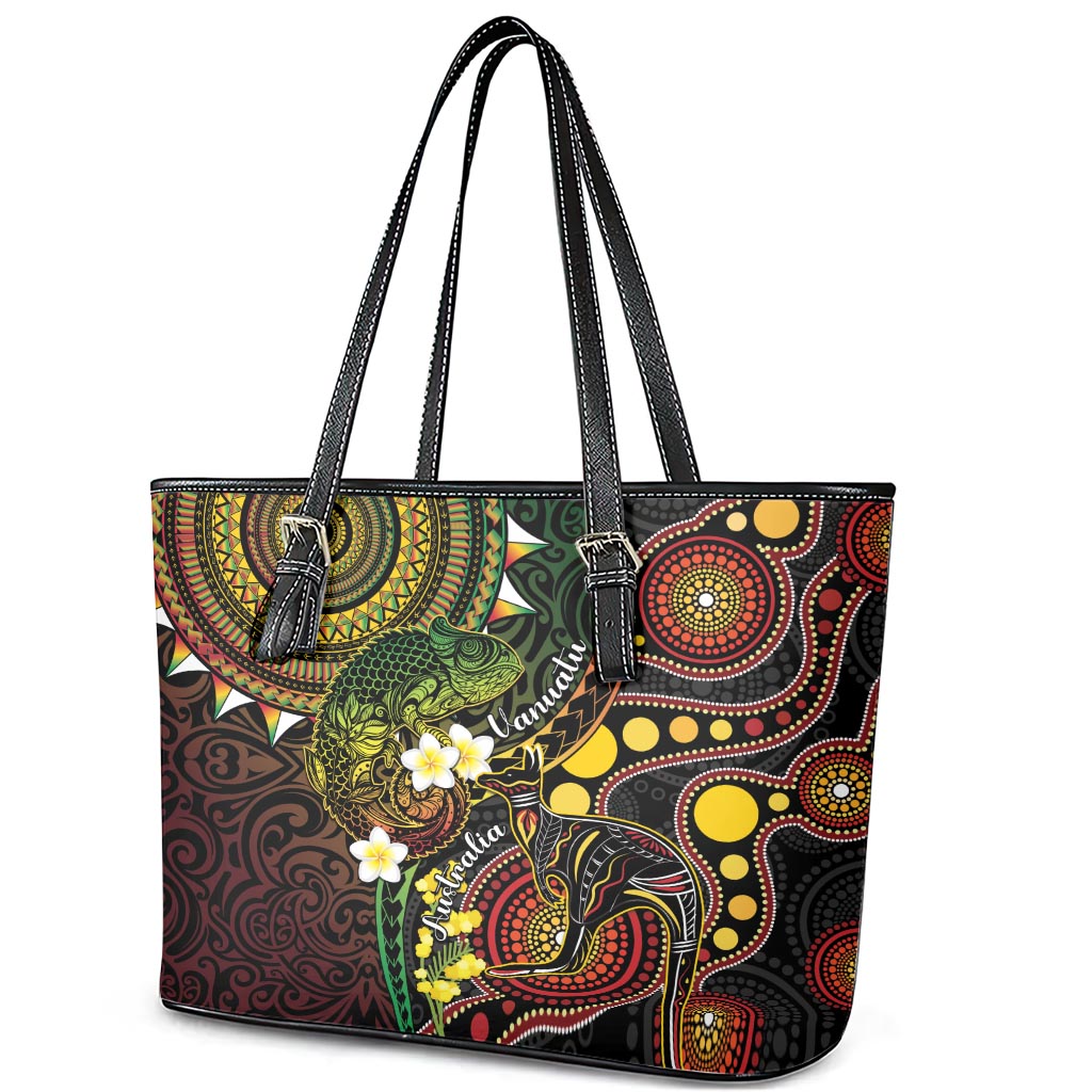 Vanuatu And Australia Aboriginal Leather Tote Bag Iguana And Kangaroo Together LT05 - Polynesian Pride