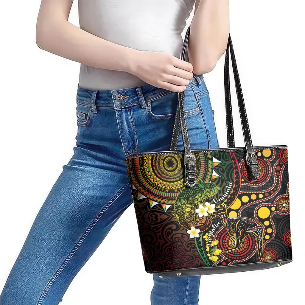 Vanuatu And Australia Aboriginal Leather Tote Bag Iguana And Kangaroo Together LT05 - Polynesian Pride