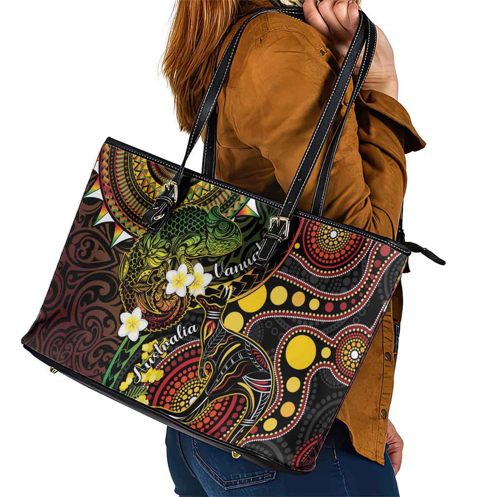 Vanuatu And Australia Aboriginal Leather Tote Bag Iguana And Kangaroo Together LT05 - Polynesian Pride