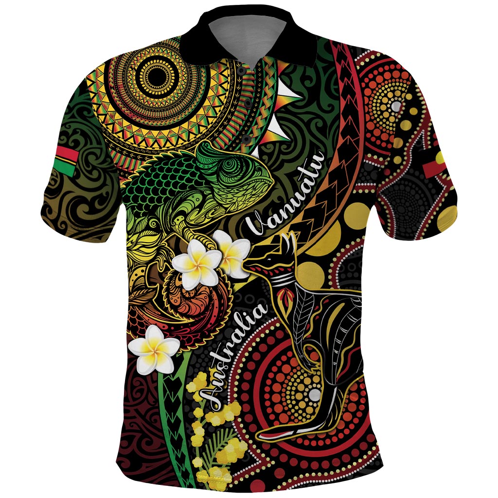 Vanuatu And Australia Aboriginal Polo Shirt Iguana And Kangaroo Together