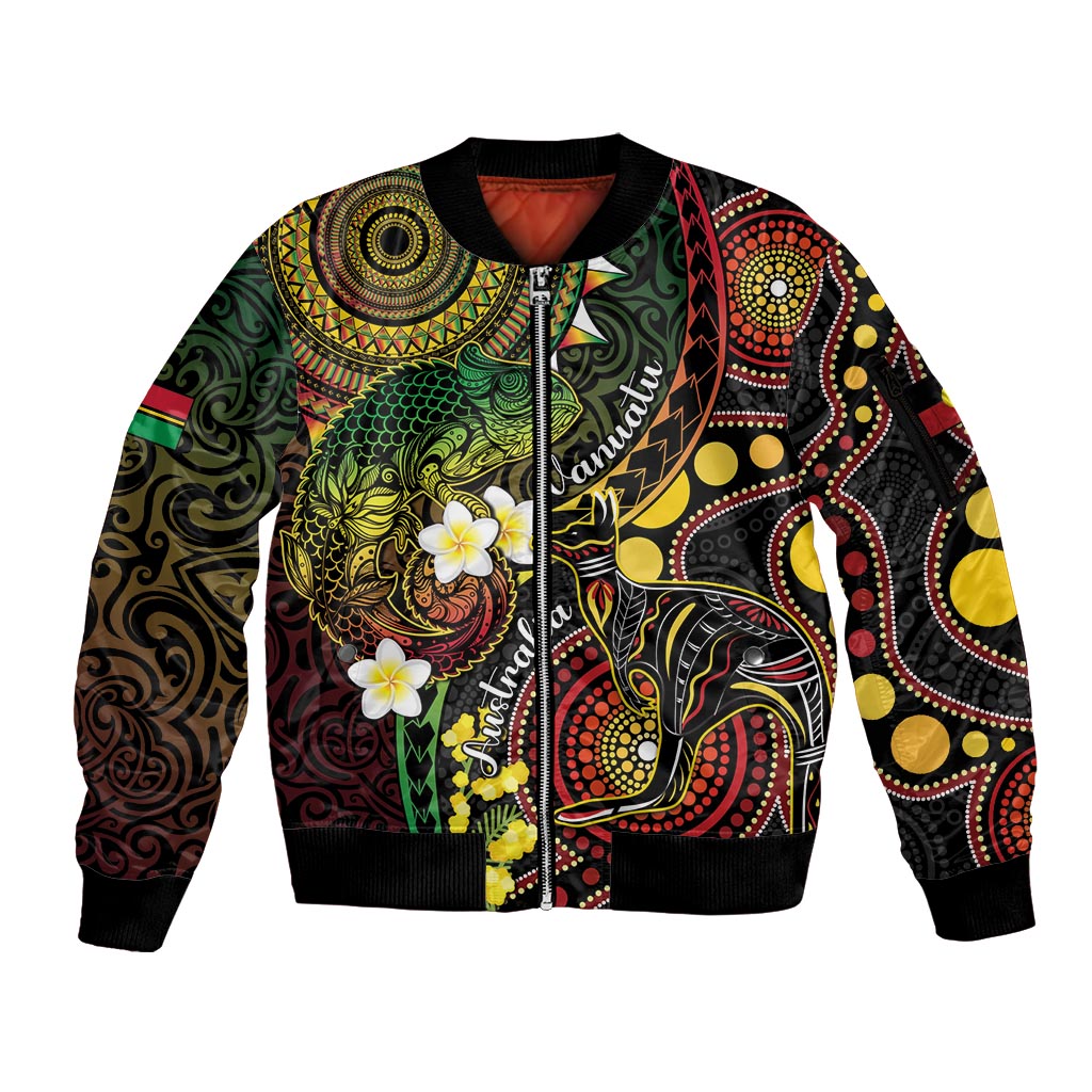 Vanuatu And Australia Aboriginal Sleeve Zip Bomber Jacket Iguana And Kangaroo Together LT05 Unisex Black - Polynesian Pride