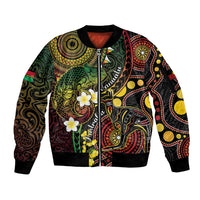 Vanuatu And Australia Aboriginal Sleeve Zip Bomber Jacket Iguana And Kangaroo Together LT05 Unisex Black - Polynesian Pride