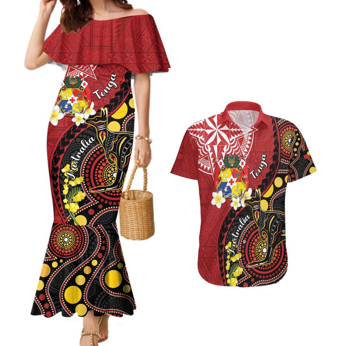 Tonga Ngatu And Australia Aboriginal Couples Matching Mermaid Dress and Hawaiian Shirt Tongan Dove And Kangaroo Together LT05 Red - Polynesian Pride