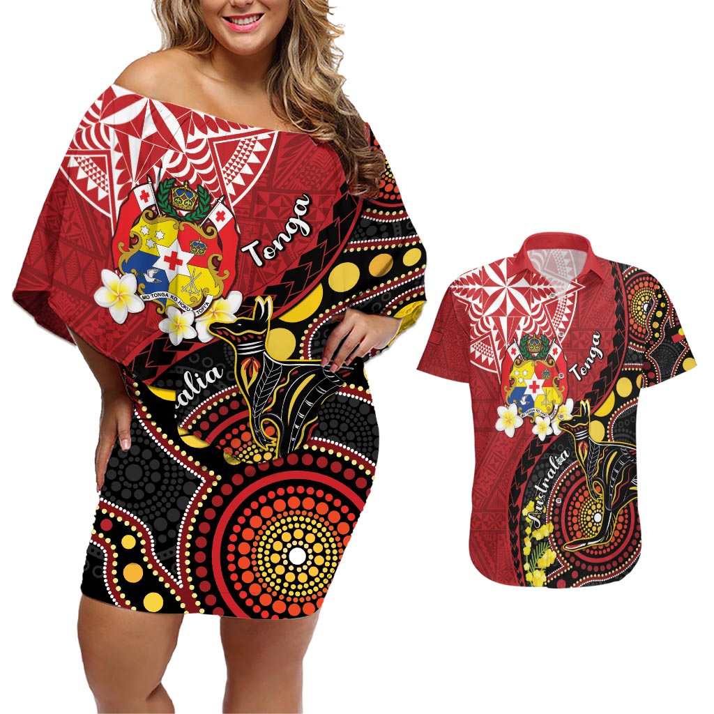 Tonga Ngatu And Australia Aboriginal Couples Matching Off Shoulder Short Dress and Hawaiian Shirt Tongan Dove And Kangaroo Together