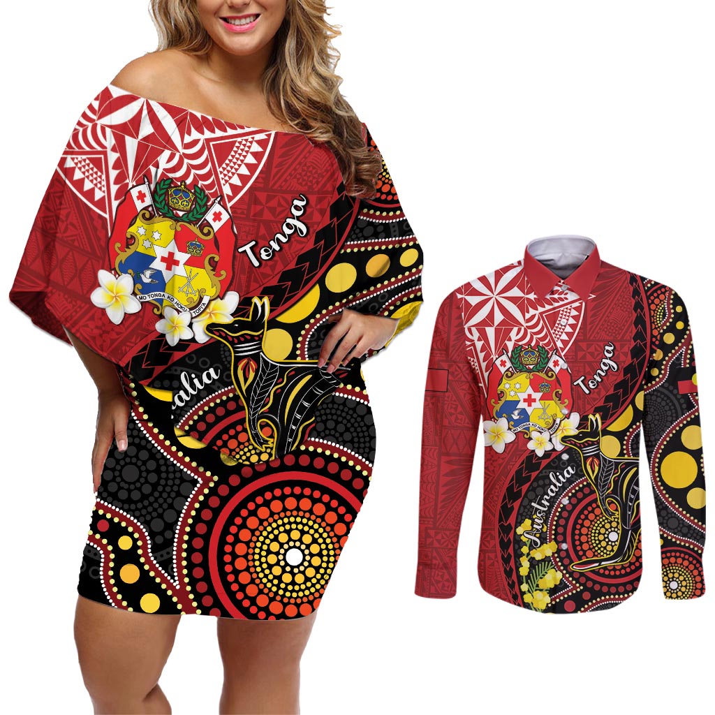 Tonga Ngatu And Australia Aboriginal Couples Matching Off Shoulder Short Dress and Long Sleeve Button Shirt Tongan Dove And Kangaroo Together