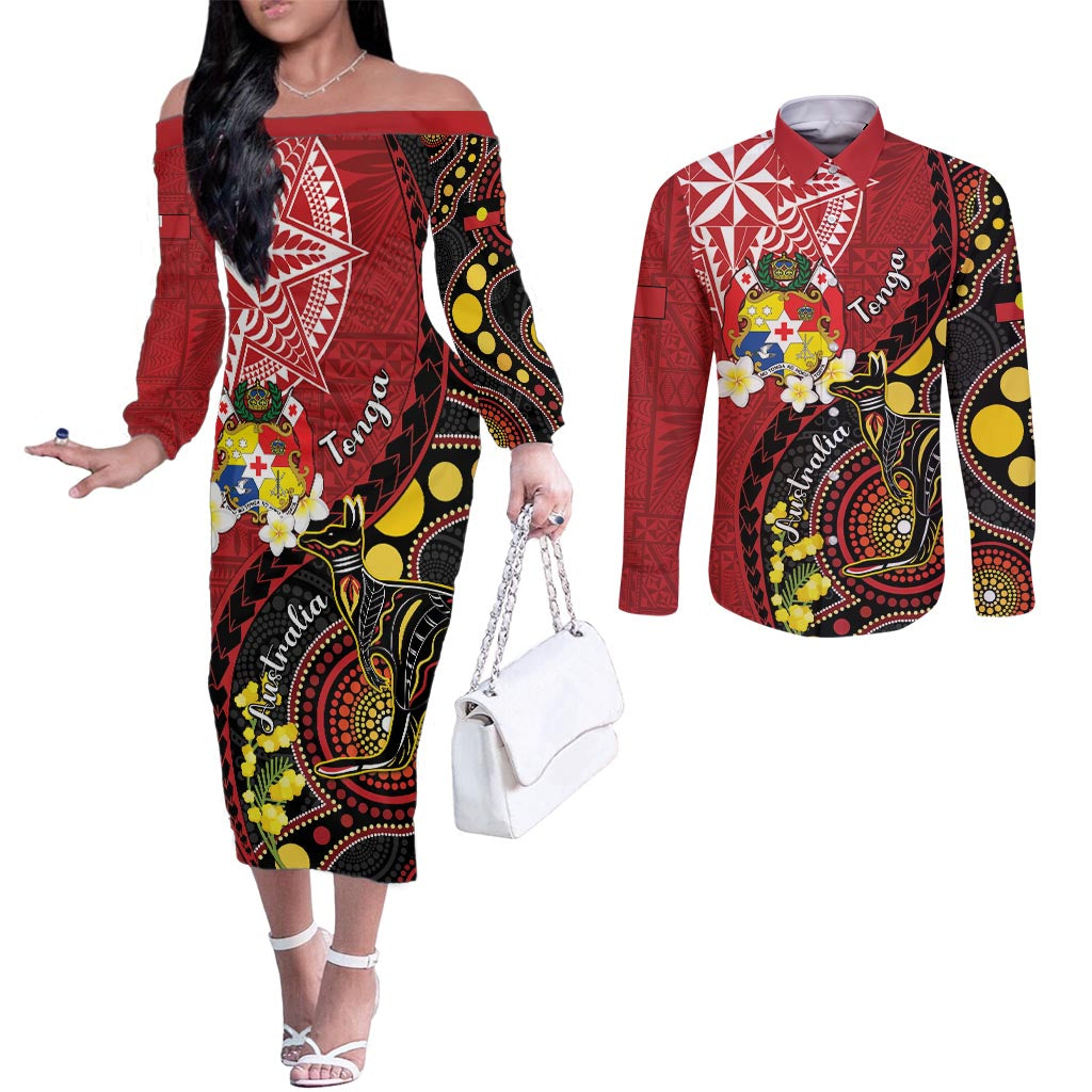 Tonga Ngatu And Australia Aboriginal Couples Matching Off The Shoulder Long Sleeve Dress and Long Sleeve Button Shirt Tongan Dove And Kangaroo Together LT05 Red - Polynesian Pride