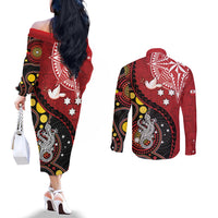 Tonga Ngatu And Australia Aboriginal Couples Matching Off The Shoulder Long Sleeve Dress and Long Sleeve Button Shirt Tongan Dove And Kangaroo Together LT05 - Polynesian Pride