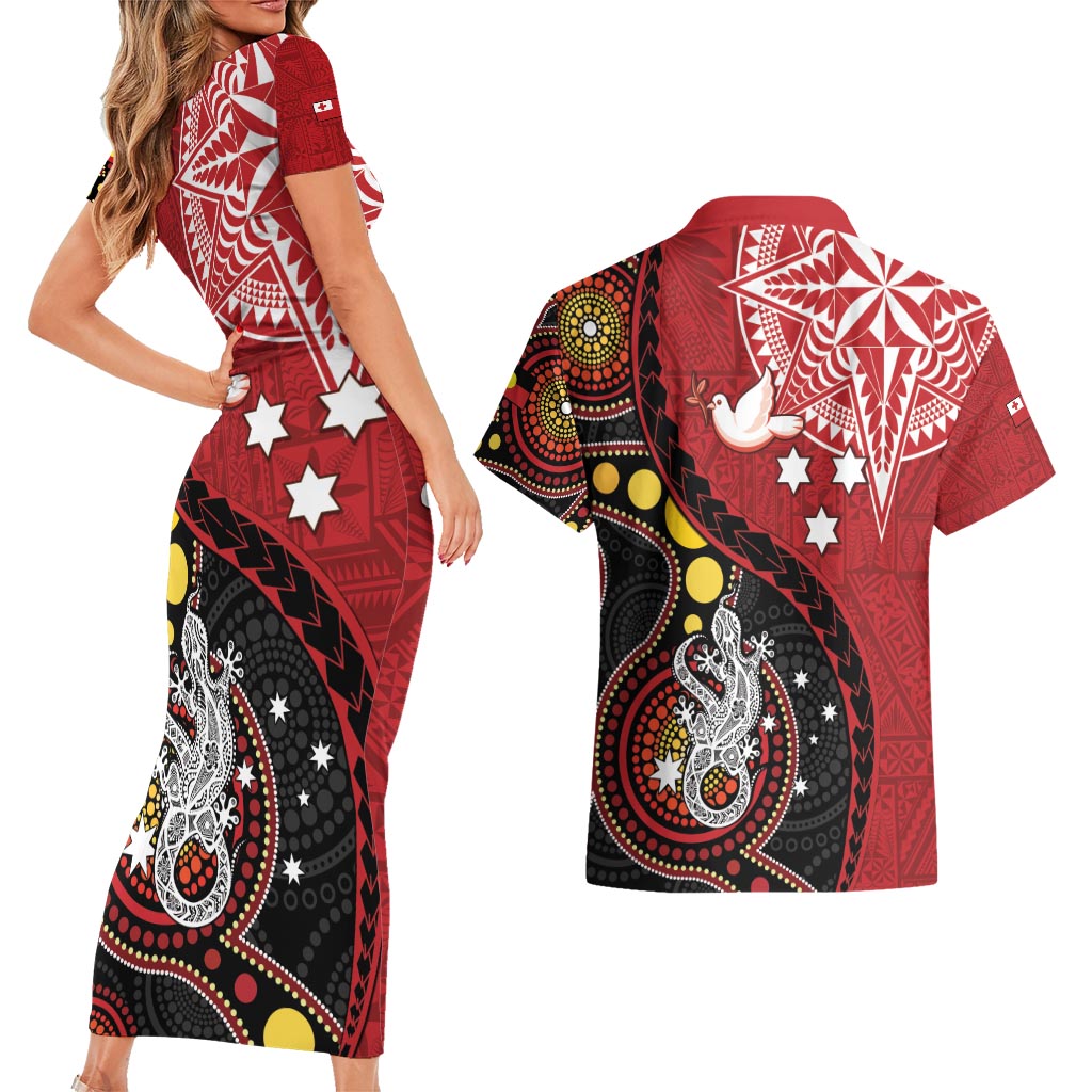 Tonga Ngatu And Australia Aboriginal Couples Matching Short Sleeve Bodycon Dress and Hawaiian Shirt Tongan Dove And Kangaroo Together LT05 - Polynesian Pride