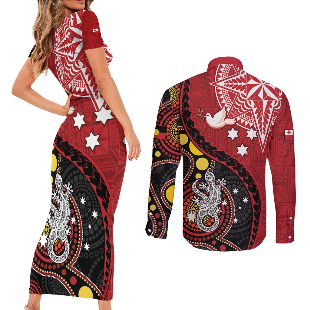 Tonga Ngatu And Australia Aboriginal Couples Matching Short Sleeve Bodycon Dress and Long Sleeve Button Shirt Tongan Dove And Kangaroo Together LT05 - Polynesian Pride
