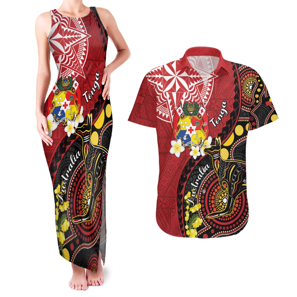 Tonga Ngatu And Australia Aboriginal Couples Matching Tank Maxi Dress and Hawaiian Shirt Tongan Dove And Kangaroo Together LT05 Red - Polynesian Pride