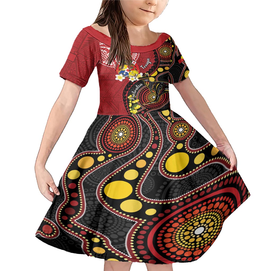 Tonga Ngatu And Australia Aboriginal Family Matching Mermaid Dress and Hawaiian Shirt Tongan Dove And Kangaroo Together LT05 Daughter's Dress Red - Polynesian Pride
