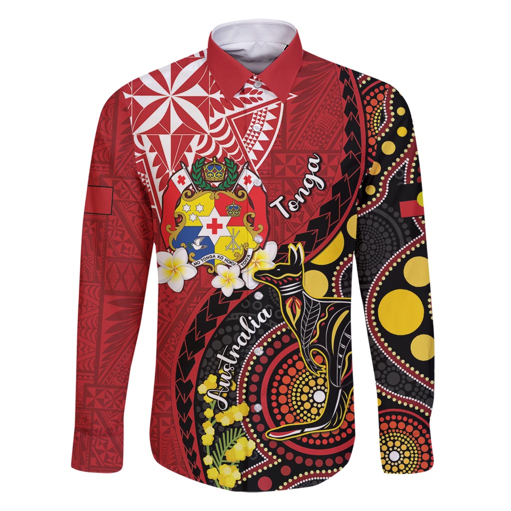 Tonga Ngatu And Australia Aboriginal Family Matching Mermaid Dress and Hawaiian Shirt Tongan Dove And Kangaroo Together LT05 Dad's Shirt - Long Sleeve Red - Polynesian Pride