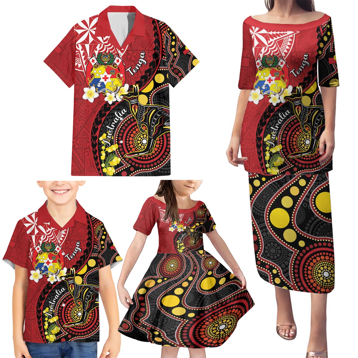 Tonga Ngatu And Australia Aboriginal Family Matching Puletasi and Hawaiian Shirt Tongan Dove And Kangaroo Together LT05 - Polynesian Pride