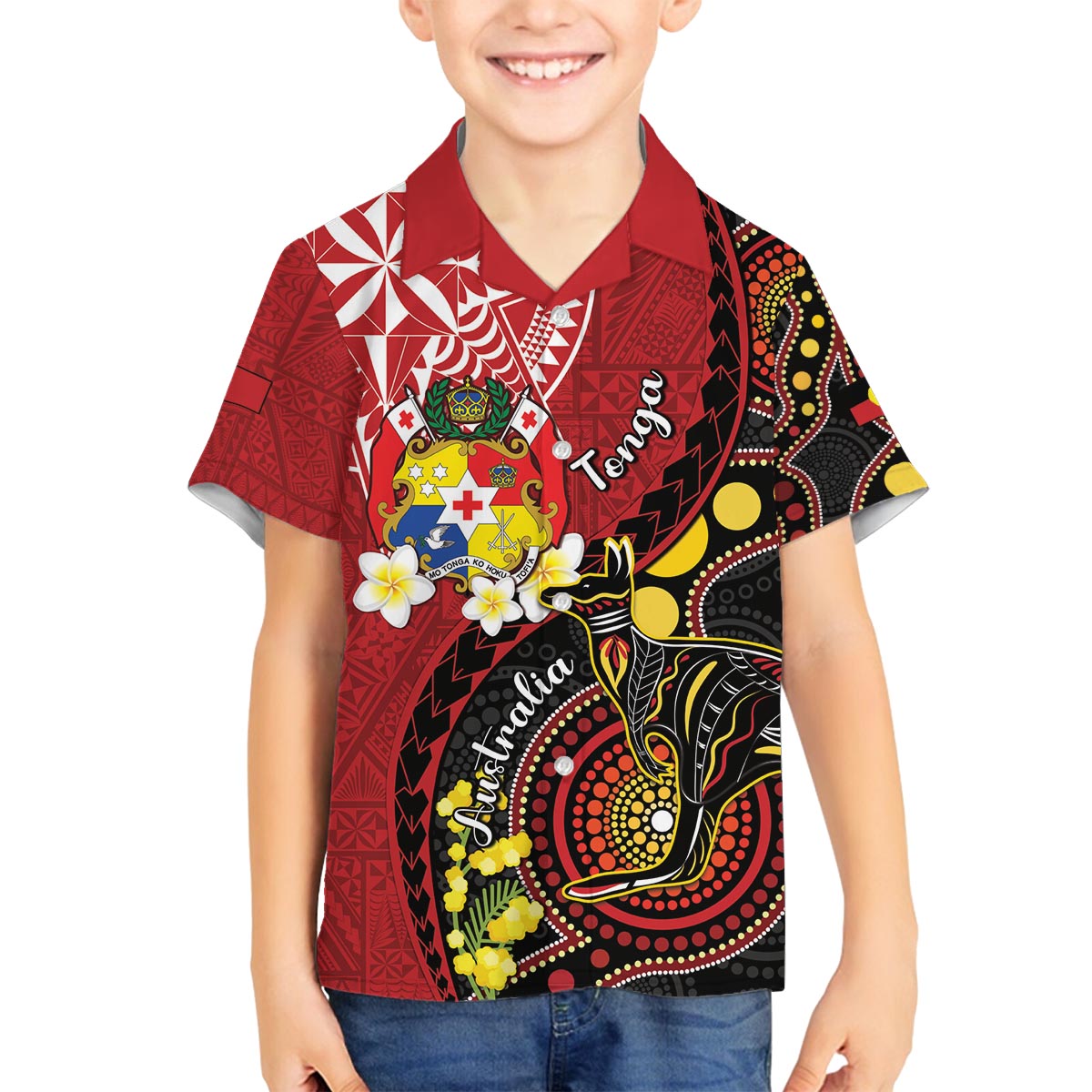 Tonga Ngatu And Australia Aboriginal Family Matching Puletasi and Hawaiian Shirt Tongan Dove And Kangaroo Together LT05 Son's Shirt Red - Polynesian Pride