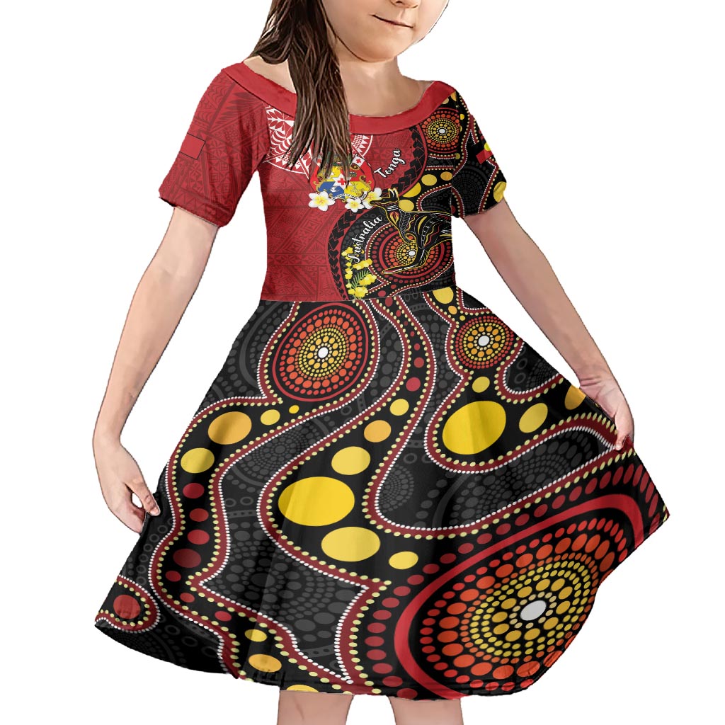 Tonga Ngatu And Australia Aboriginal Family Matching Short Sleeve Bodycon Dress and Hawaiian Shirt Tongan Dove And Kangaroo Together LT05 Daughter's Dress Red - Polynesian Pride