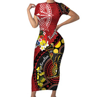 Tonga Ngatu And Australia Aboriginal Family Matching Short Sleeve Bodycon Dress and Hawaiian Shirt Tongan Dove And Kangaroo Together LT05 Mom's Dress Red - Polynesian Pride
