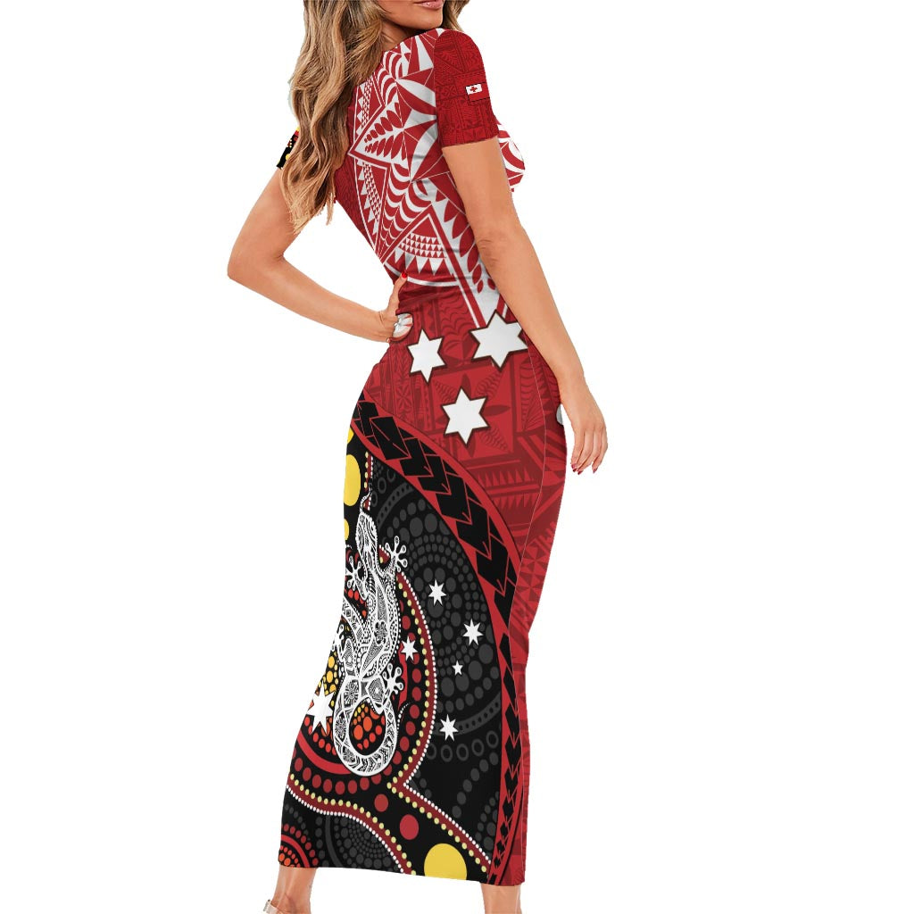 Tonga Ngatu And Australia Aboriginal Family Matching Short Sleeve Bodycon Dress and Hawaiian Shirt Tongan Dove And Kangaroo Together LT05 - Polynesian Pride