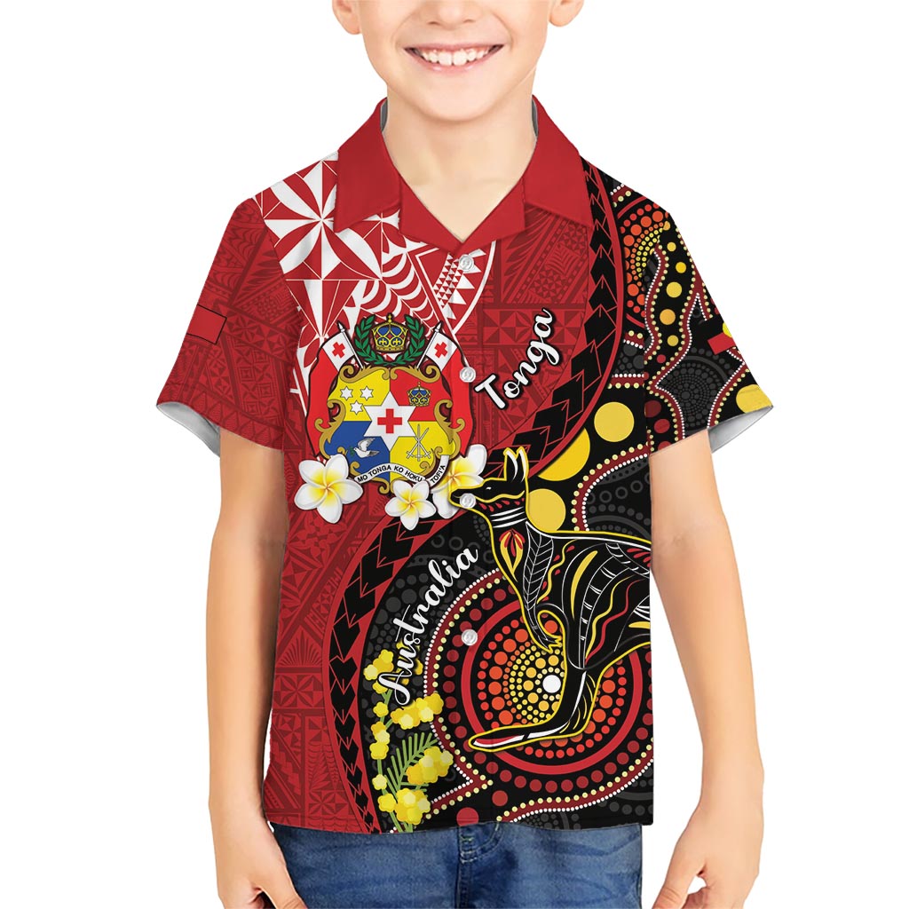 Tonga Ngatu And Australia Aboriginal Family Matching Short Sleeve Bodycon Dress and Hawaiian Shirt Tongan Dove And Kangaroo Together LT05 Son's Shirt Red - Polynesian Pride